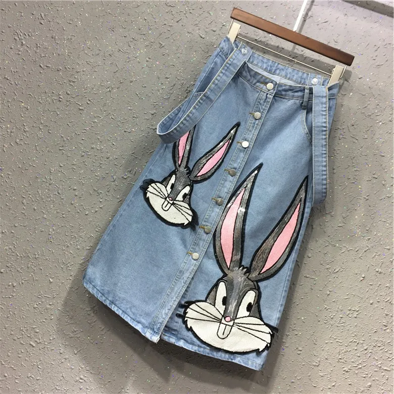 

New skirt female summer Slim cute sequin rabbit skirt student a word denim strap skirt
