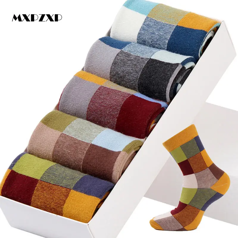 5 пара/лот мужские носки из чесаного хлопка осень зима модные красочные квадратные носки мужские Harajuku личность дышащие носки экипажа
