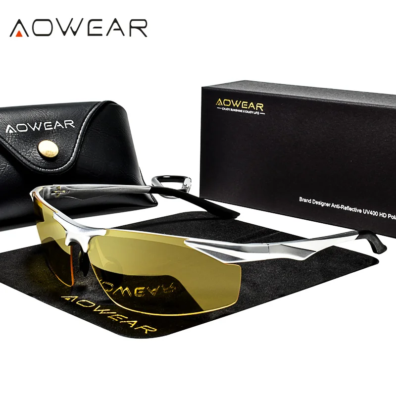 AOWEAR алюминиевые HD очки ночного видения для вождения, желтые солнцезащитные очки, Мужские поляризационные безопасные UV400 очки для ночного вождения