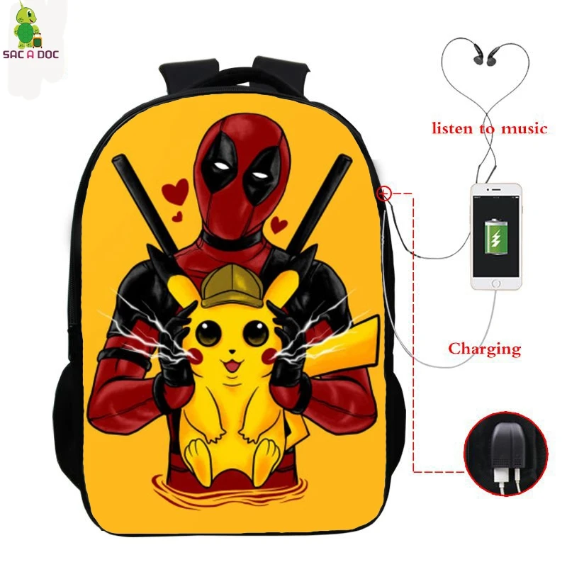 Pokemon детектив Пикачу USB Bagpack 16 дюймов школьные рюкзаки для подростков обувь мальчиков девочек рюкзак Пикачу BookBag Рюкзак для ноутбука