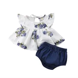 Топы с цветочным принтом для новорожденных девочек, платье короткие штаны, одежда, летняя одежда, комплект для детей от 0 до 24 месяцев