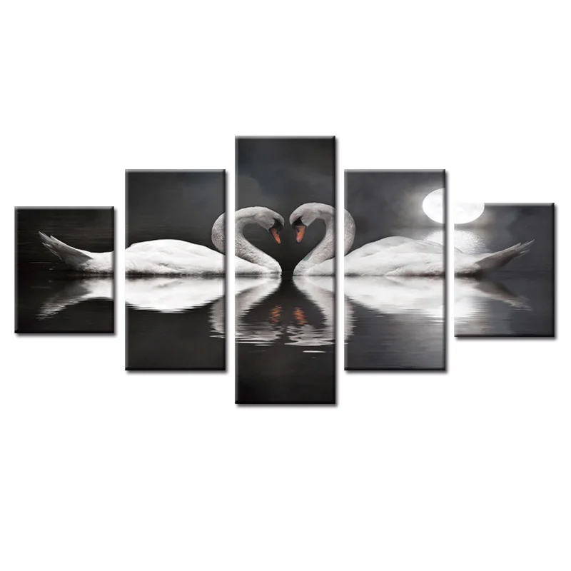 

HD Printed Swan series on the lake Canvas Painting on the Wall Art Modular Pictures framed 5 Pcs Home Decor Modular Pictures