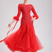 Стандартные платья для танцев, бальные платья, бальные платья, женские Современные платья для танцев, меховые красные белые костюмы 290