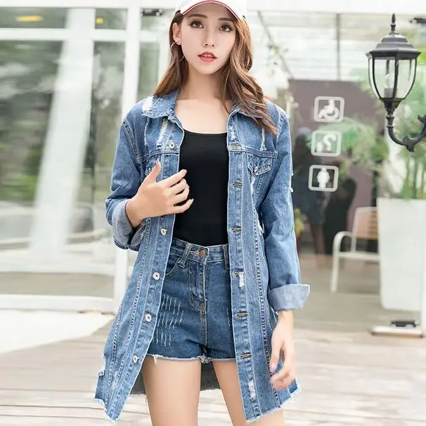 

2019 Women Denim Jacket Flower Embroidered Hole Single Buttons Long Jacket Coats Jean Outerwear Basic Coat WF376