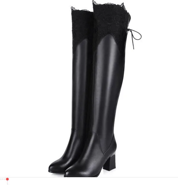 

Free Shipping Women High Heeled Knee-High Genuine Leather Boots  Winter Warm Lace Round Neck Black Boots Sapatos Femininos S932