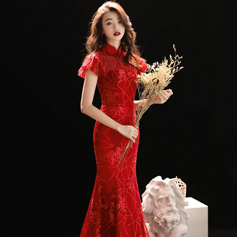 Элегантное женское китайское классическое Ципао традиционное вечернее платье Сексуальное Тонкое длинное Qipao большой размер 3XL кружевное платье