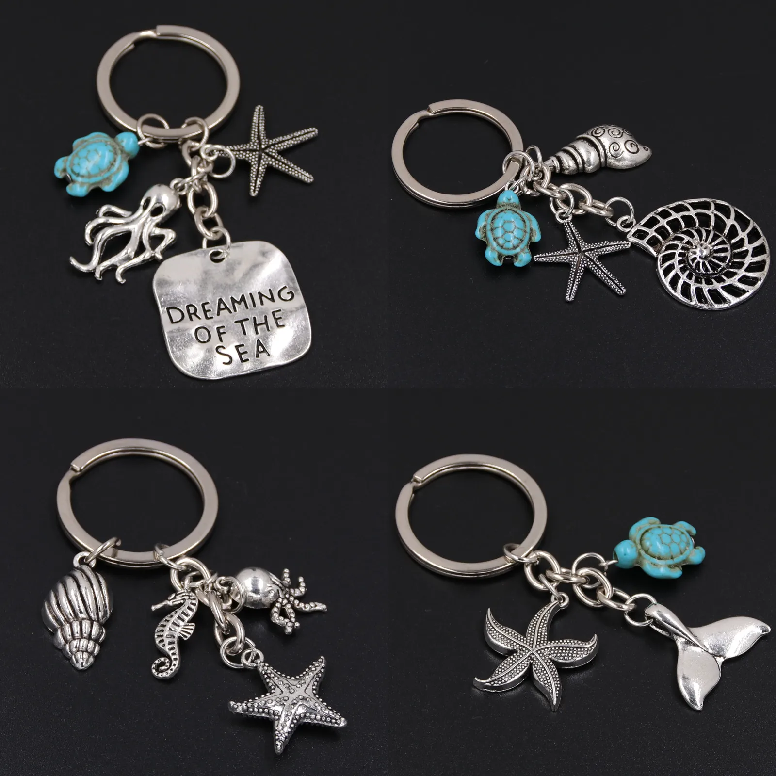 

1pc Silver Dreaming Of The Sea Keychains Shell Charms With Starfish Shell Pendant Fish Tail Keyring Blue Turtle Beach Jewelry