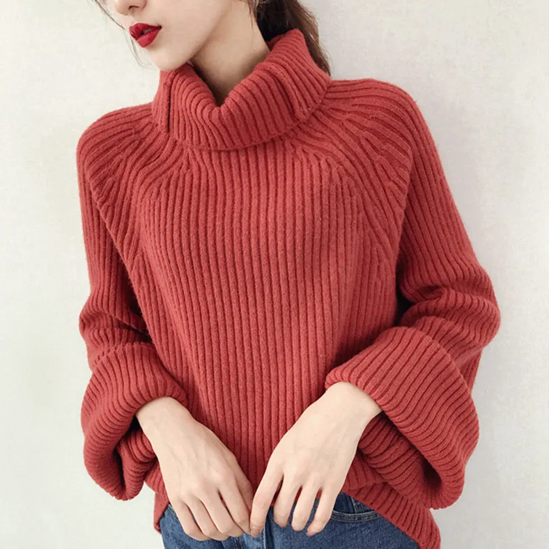 La MaxZa Puff Sleeves Turtleneck Sweater Women's Loose Autumn Winter Pure Color 2018 New Fashion Korean Knitted Pullover 6135 | Женская