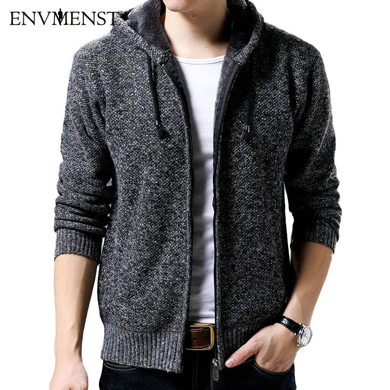 Env мужской st Зимний толстый теплый свитер, мужской кардиган с меховой подкладкой, высококачественный Мужской приталенный свитер с капюшоном, пальто XXXL - Цвет: dark gray