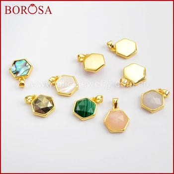 

BOROSA 10PCS Hexagon Natural Multi-kind Faceted Stones Abalone Shell Pendants Beads for Necklace Making Drusy Jewelry WX992