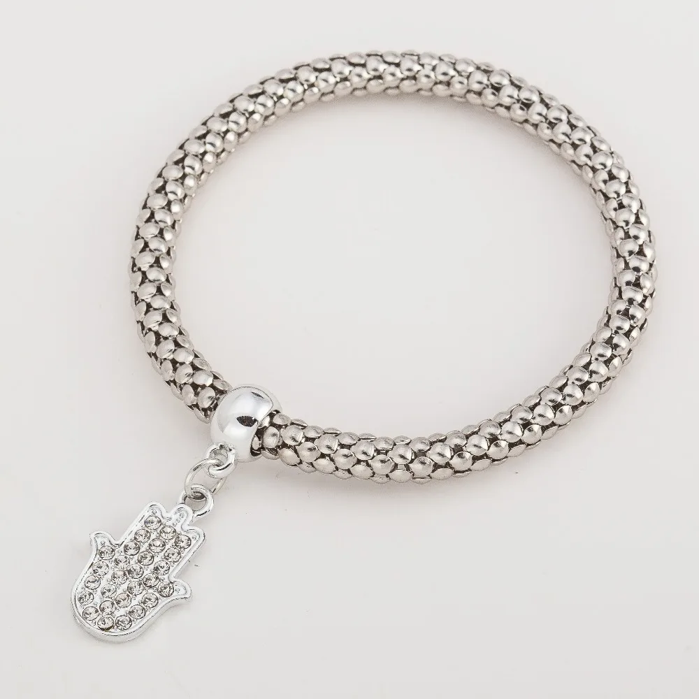 Серебряный цвет эластичный Попкорн цепи змея цепи в форме сердца кристалл кулон элегантный простой темперамент модный браслет для женщин