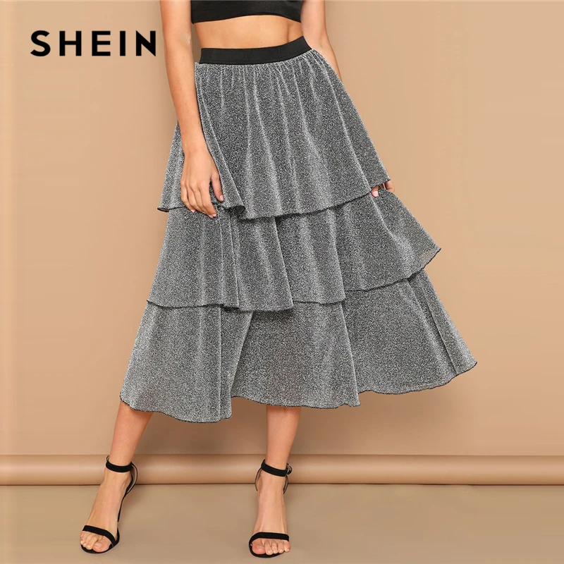 SHEIN Блестящая Юбка С Оборкой И Контрастной Талией Стильная Макси Оборками