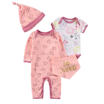 

Baby Romper 4 Piece Sets LOVE Flower Printing Baby Jumpsuits Newborn Infant Cotton Clothes Long sleeve Rompers+Romper +Cap+Bibs