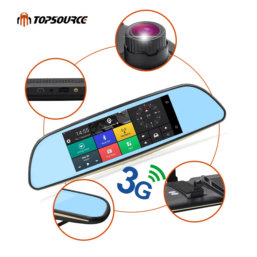 TOPSOURCE 6,8" 3g Автомобильное Зеркало gps Android 5,0 видеорегистратор Full HD 1080P видео рекордер двойная камера DVRs ram 1 ГБ/rom 8 ГБ Регистратор