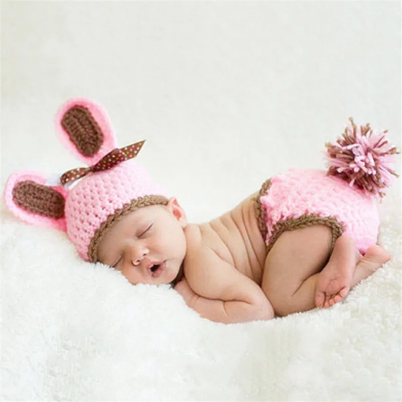 

Baby Girls Crochet Knit Costume Newborn Pink Rabbit Handmade Clothes Photography Accessories Infant Toddler Studios Photo Props