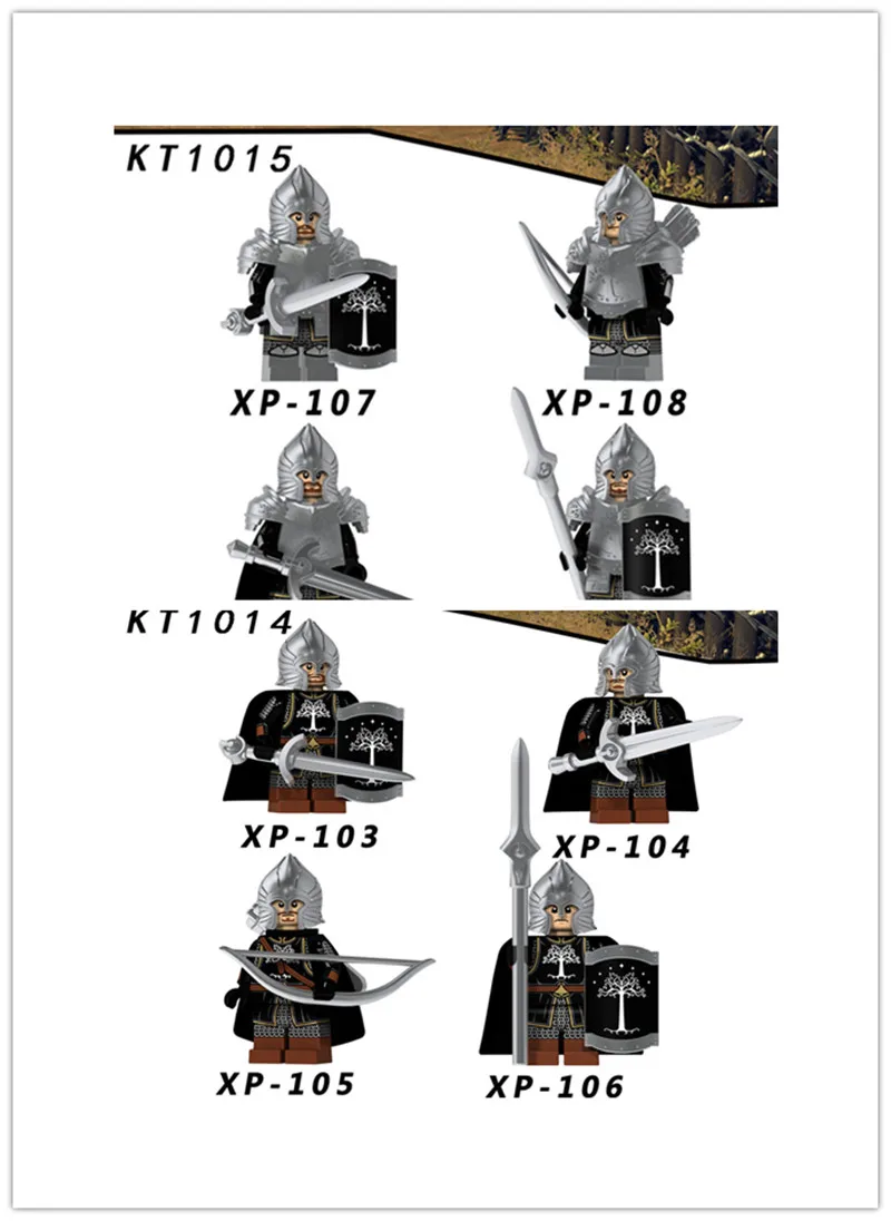 

8pcs Lord of the Rings Figure Soldier Medieval Knight Legoing of Gondor Archer Sword Building Blocks Toys for Children KT1015