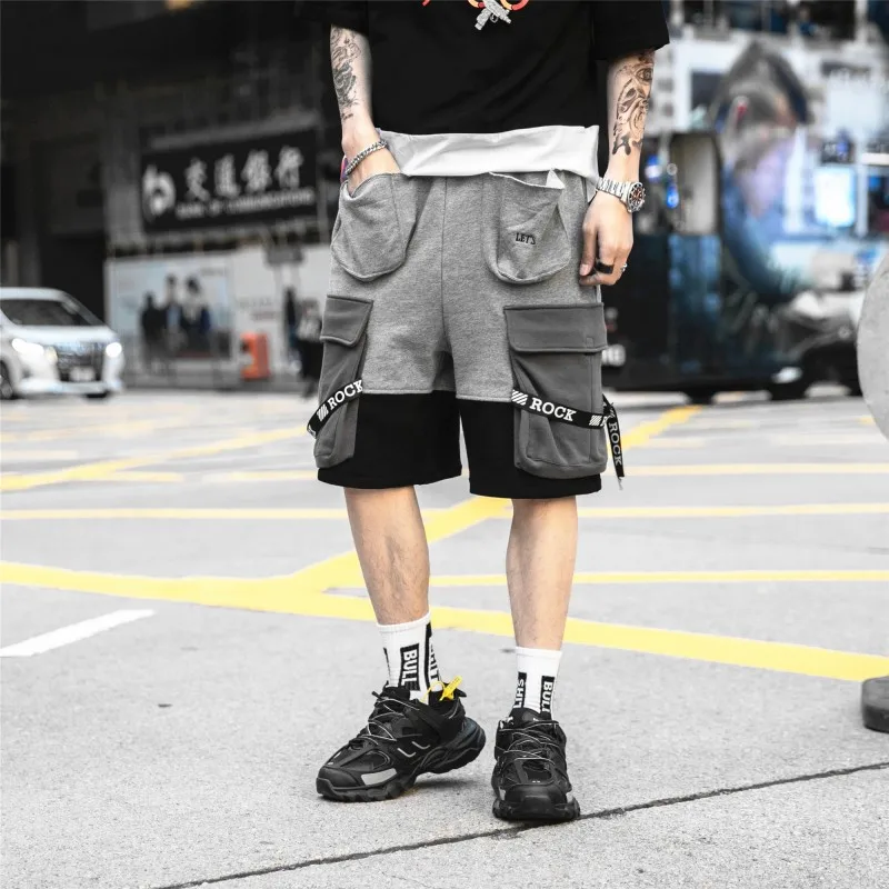 

Men Hip Hop Shorts Cotton Sweatpant Ribbon Multi Pockets Elastic Waist Short Trousers Streetwear Male 2019 Summer Shorts