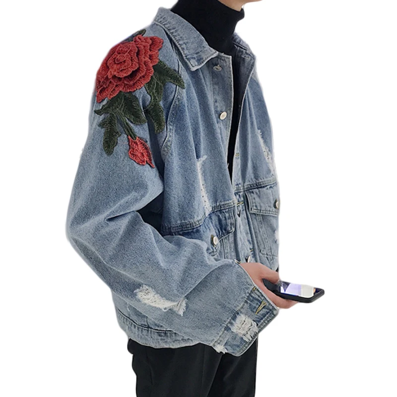 Buracos do Vintage Jeans para Homens e Mulheres Mulheres Jaqueta Jeans Primavera 2019 Calças Jeans Femininas Jaqueta Queda Subiu Bordado Jaqueta Amantes K266