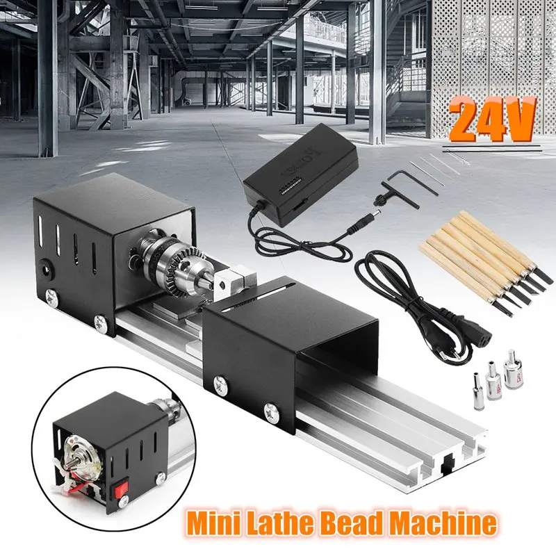 

DC 24V 80W Mini Lathe Machine Woodworking DIY Lathe Set with Power Adapter 3 Pcs Beads Round Device 6 Chisel