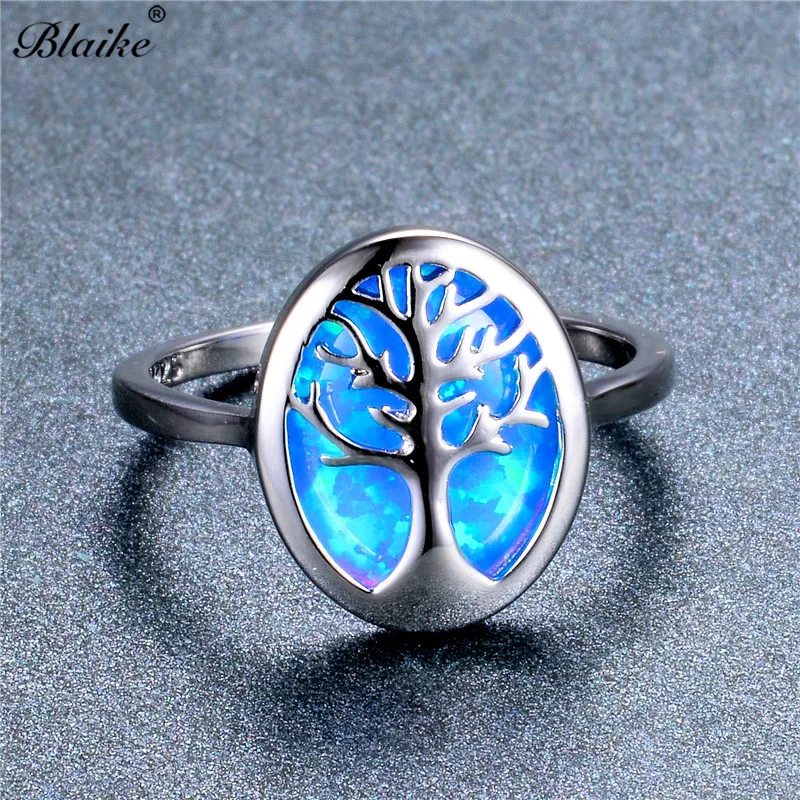 Blaike Luxury Blue/White Fire Opal Cute Life Tree Rings For Women Men 925 Sterling Silver Birthstone Fine Jewelry Graduate Gift