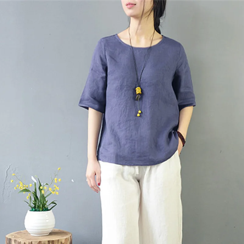 

SCUWLINEN 2019 Summer Women T-shirt Solid Casual O-neck Half-sleeve All-match Linen Tops for Women Zen Flax Tee Vestidos S763