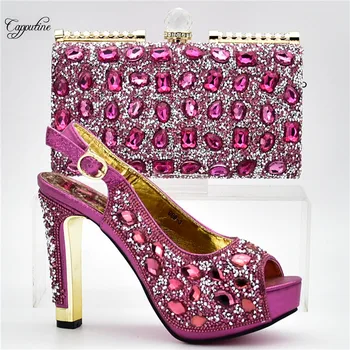 

Gorgeous fuchsai high heel sandal shoes and evening clutch bag set deocrated with luxury stones 868-3