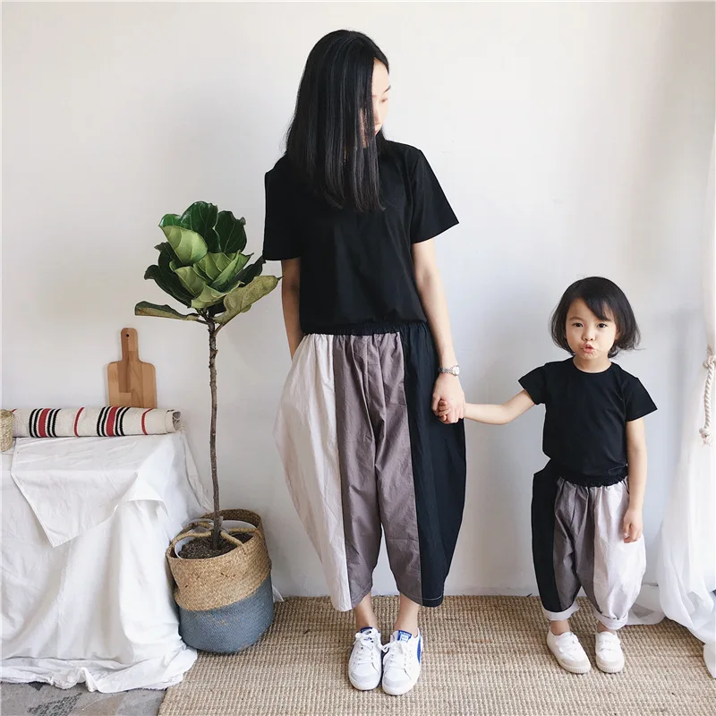 

Korean style Spring Summer thin fashion patchowrk harem pants for mom and kids loose 3 colors splicing casual trousers