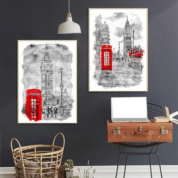 

London Big Ben And Red Telephone Booth Art Canvas Poster Wall Pictures for Living Room No Frame