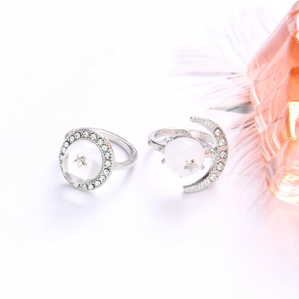 Для женщин кольца в богемном стиле с изображением луны и звезд, с круглыми стразами серебряное кольцо комплект женские изысканные украшения на свадьбу, годовщину подарки