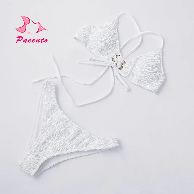 Pacento cross strappy crochet bikini brazilian solid white black plus size swimwear women XL bathing suit bandage biquine plavky