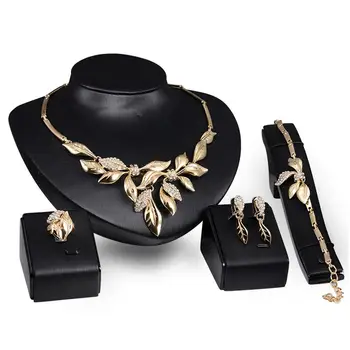 

Chic Women Rhinestone Leaf Pendant Necklace Bracelet Ring Earrings Jewelry Set