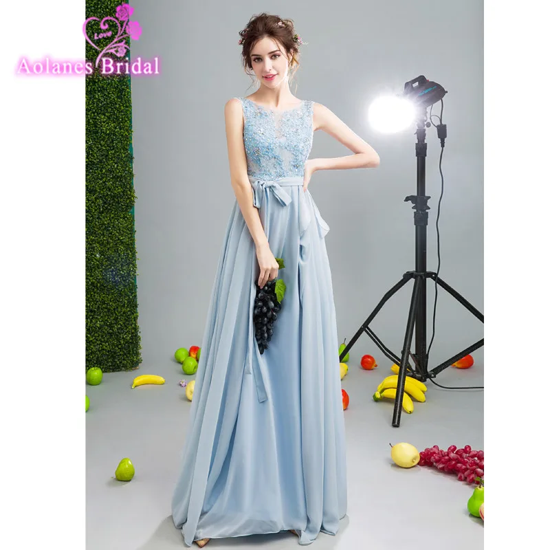 Elegant Light BLue Long Evening Dress 2017 New Arrival Scoop Neckline Women Sexy Lace Appliques