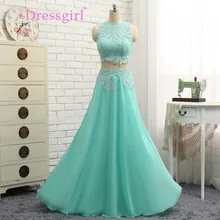 Dressgirl Mintgrün 2017 Promkleider A-line Kragen Chiffon Spitze Zwei Stücke Lange Abendkleid Abendkleider Abendkleid