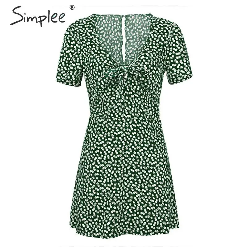 Женское винтажное платье мини Simplee, с V-образным вырезом, богемный короткий летний сарафан с коротким рукавом, цветочным принтом и бантом - Цвет: Green