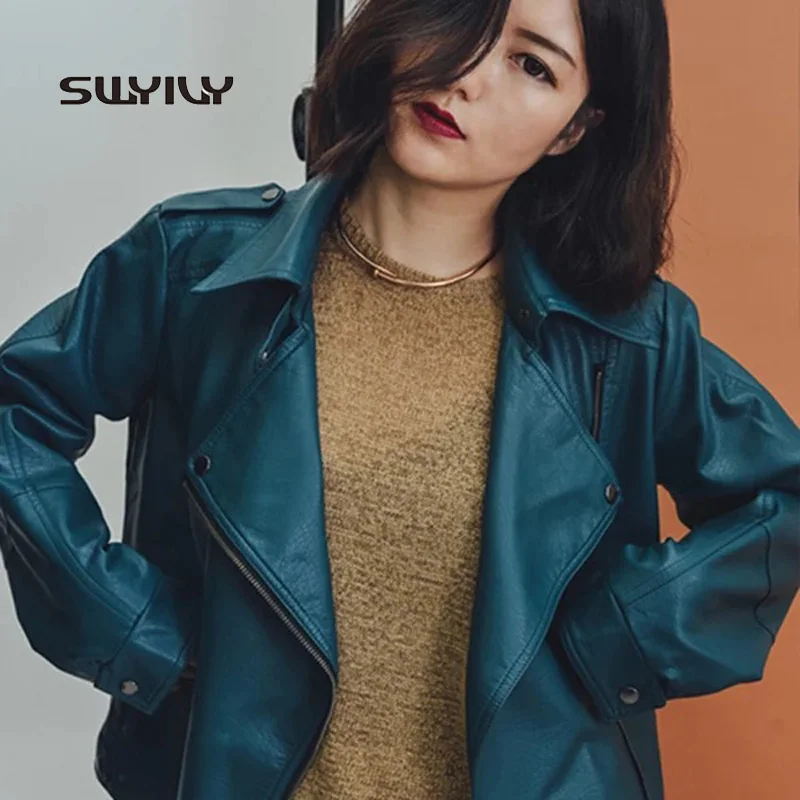 

Fashion 2017 Spring And Autumn Blue Retro Leather Jacket Motorcycle Loose Coat Zipper Women's Short Jacket With Pockets