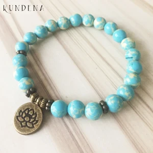 Bronze Lotus 8 мм синий камень бисером браслеты для мужчин Бронзовый серебристый Шарм с Буддой, в форме лотоса Йога браслет унисекс мала наручные - Окраска металла: Bronze Lotus