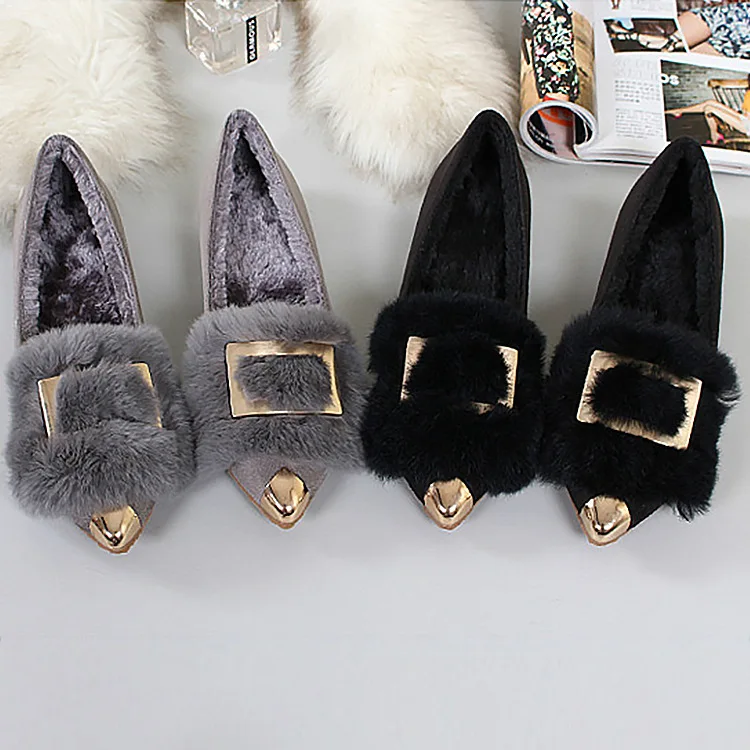 Women's Fashion Winter Autumn Sequins Rabbit Fur Pointed Toe Thick Plush Keep Warm Cute Flats Shoes Ladies Slip On Flock Shoes Women's Fashion Winter Autumn Sequins Rabbit Fur Pointed Toe Thick Plush Keep Warm Cute Flats Shoes Ladies Slip On Flock Shoes