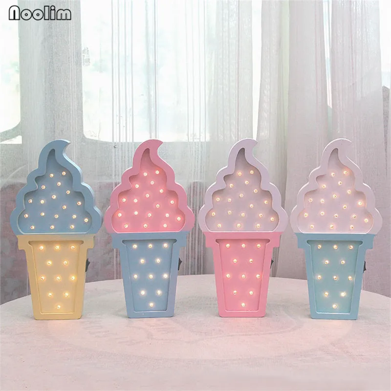 

NOOLIM Wooden Ice Cream LED Night Light Baby Bedroom Night Lamp Battery Powered LED Wall Lights for Children Girls Home Decor
