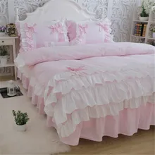 Neue Luxus Schichten Bettwäsche Set Süße Prinzessin Bogen Rüsche Bettbezug Hochzeit Bettwäsche Rosa Bettlaken Mädchen Baby Bett Rock abdeckung