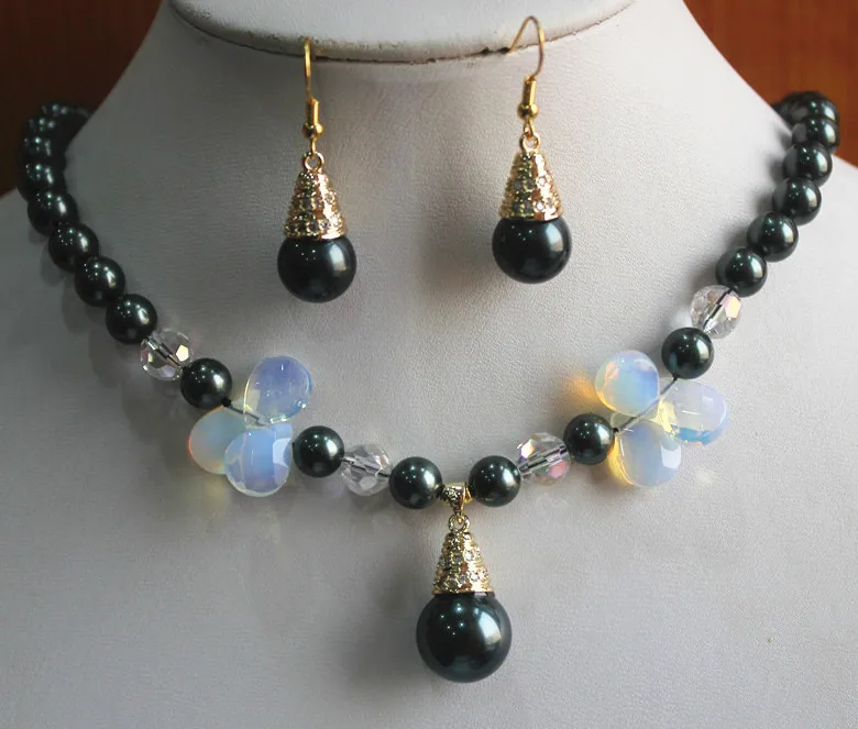 

HOT SELL - 8mm black shell pearl dotted with moon stone necklace match 14mm pearl earrings jewelry set for party -Top quality fr