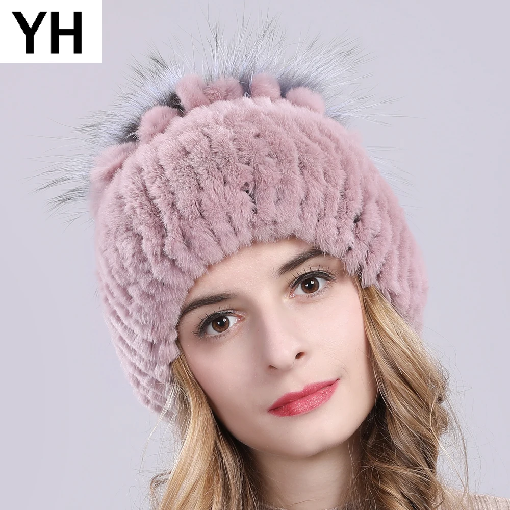 

Winter Knitted Women 100% Real Rex Rabbit Fur Hat Top Fox Fur Flowers Caps Lady Soft Warm Genuine Rex Rabbit Fur Beanies Hats