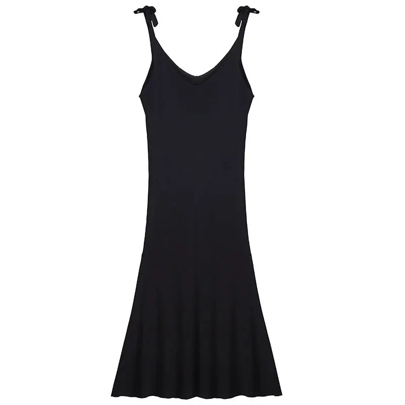

Strap tie up knitted dress women V neck sexy long summer beach dress female elegant black dresses
