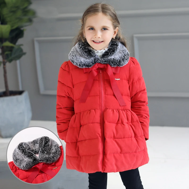 

2018 Girls Winter New Cotton Jackets Kids Fashion Fur Collar Bowknot Coats Girl Thickening Warm Red Jacket Princess Kids Clothes