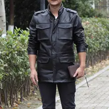 Мужское черное пальто из натуральной кожи со стоячим воротником из настоящей толстой воловьей кожи размера плюс 7XL зимнее пальто Новая модная куртка на молнии с большими карманами