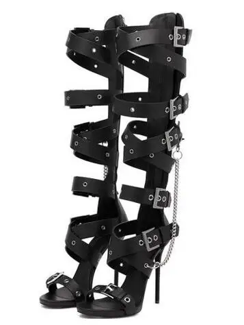 Correias de Fivela de Metal Preta na Altura do Joelho Correias de Metal Botas Femininas Sensuais Stiletto Salto Alto Longo