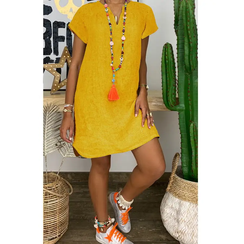 

Women Summer Short Sleeve Cotton Linen Dress Vestido Robe Kaftan Femme Vintage V neck Floral Printed Party Sundress 3XL