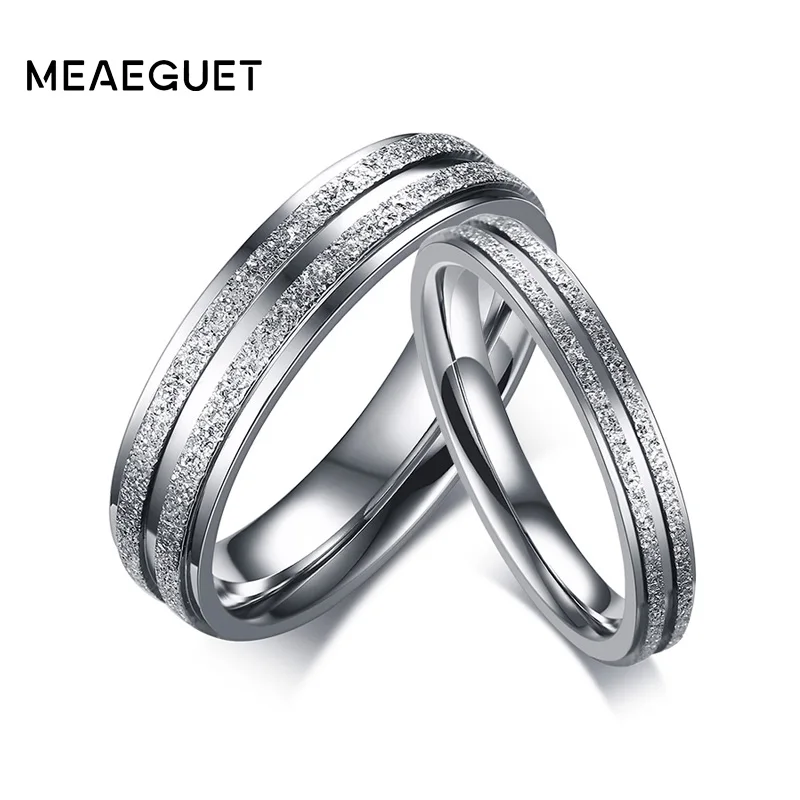 Meaeguet Trendy His and Hers Promise Couple Wedding Bands Dull Polished Stainless Steel Engagement Ring For Women Men