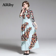 Turn-down Collar Dress Women Long Maxi Dress 2019 Spring/summer New Fashion Vintage Patchwork Print A-Line Slim Dress Vestidos
