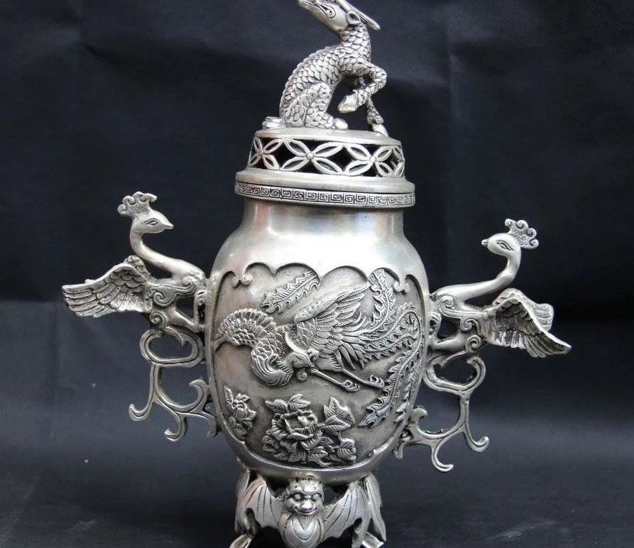 

China Royal White Copper Silver Kirin kylin Phoenix Bird Incense Burner Censer
