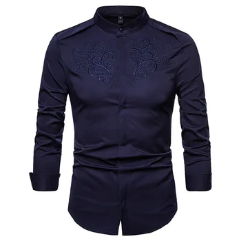 

Fashion Embroidery Male Blouse Stand Collar Long Sleeve Men Shirts Vintage Style Gentleman Dinner Wear Blusa Cotton Clothing New